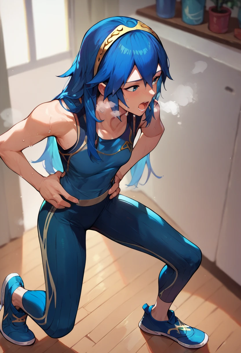 Lucina, dark blue tanktop, blue yoga pants, blue shoes, hands on hips, open mouth, out of breath, sweaty, sexy, exhuasted, steam coming out of her mouth