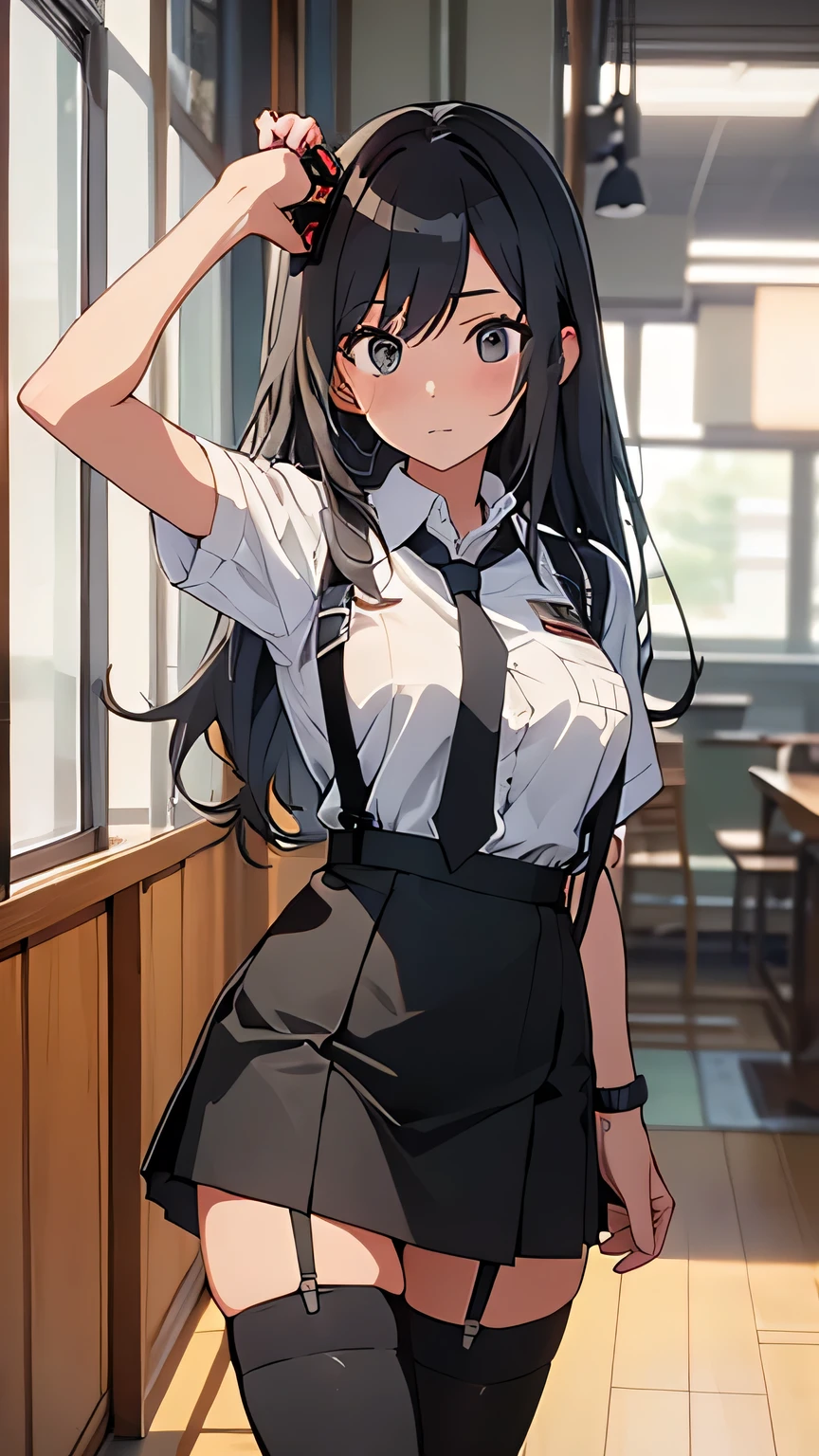suspender gun holster longhair japanesewoman skirt handcuffed Nīhai gātāberuto Long socks garter belt animegirl backhandcuffed