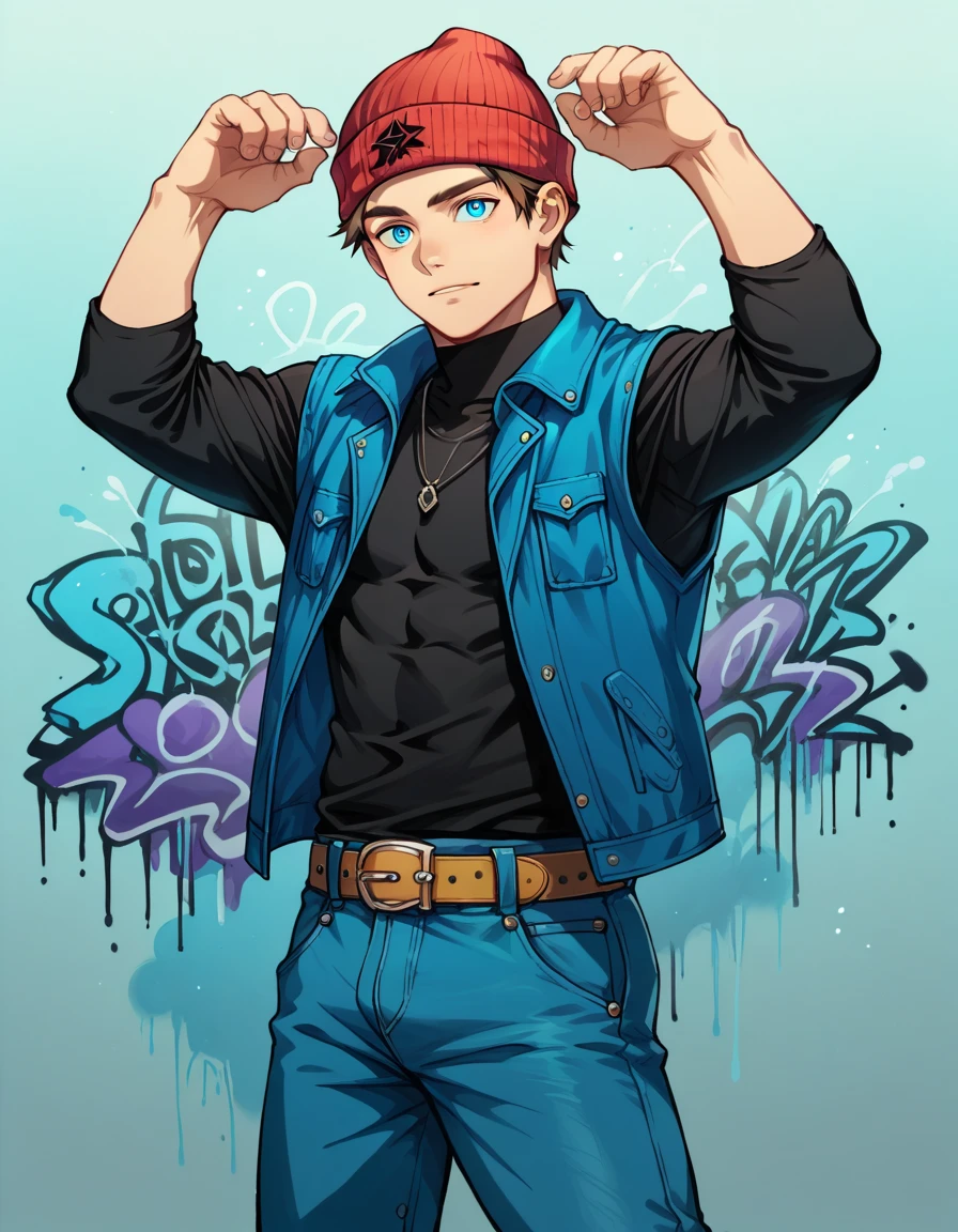 Solo ,human Male 20 Years ,Adolescent   , Brown Hair , wearing red  beanie ,(( wearing dark blue denim vest  )),blue pupils ,Simple background, Black shirt ,Blacklight Graffiti Style,cool pose ,anime Style  ,Belt ,