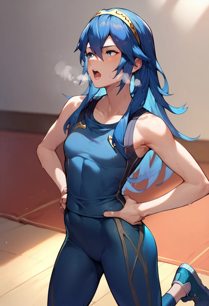 Lucina, dark blue tanktop, blue yoga pants, blue shoes, hands on hips, open mouth, out of breath, sweaty, sexy, exhuasted, steam coming out of her mouth, half body