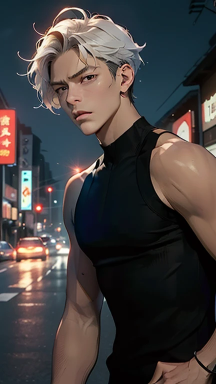 (超 High Resolution ,  High Resolution ,  Super Detailed ,  anime style ), 1 Boy, aldult,  Handsome,  tall muscular man, broad shoulders,   Fine Eyes and Face  , silver hair, short hair,  Brow Hair ,  dark brown eyes ,  holographic , Delta Man ,  White vest , portrait, Intense running, [speed,  Night City Shining with Neons, Hongkong,  Neon Sign , skyscraper, blue, Red , (Depression angle), closed mouth