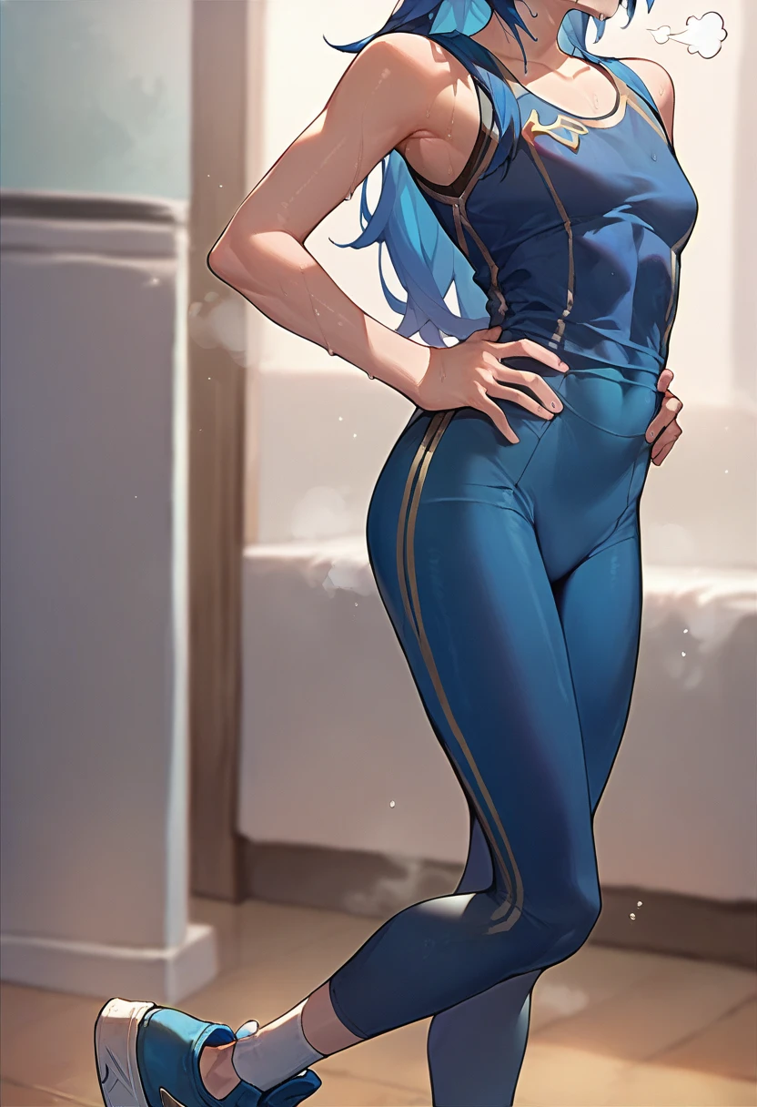 Lucina, dark blue tanktop, blue yoga pants, blue shoes, hands on hips, open mouth, out of breath, sweaty, sexy, exhuasted, steam coming out of her mouth, half body