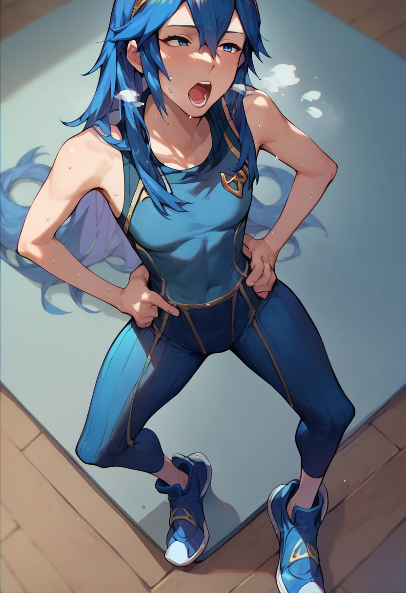 Lucina, dark blue tanktop, blue yoga pants, blue shoes, hands on hips, open mouth, out of breath, sweaty, sexy, exhuasted, steam coming out of her mouth, half body