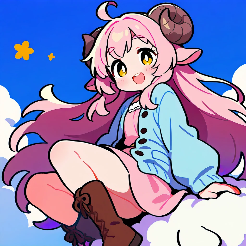 score_9, score_8_up, score_7_up, source_anime, (masterpiece:1.3, best quality:1.3, 8k,  highres icon:1.3, good anatomy), 1girl,  pink fluffy long hair \ Fluffy Long Hair, Sheep&#39;s round horns, Thick eyebrows, smile,  Pink Dress ,  sky blue cardigan ,  brown boots , white beard ,  cute BREAK Alphonse Mucha background:1.5