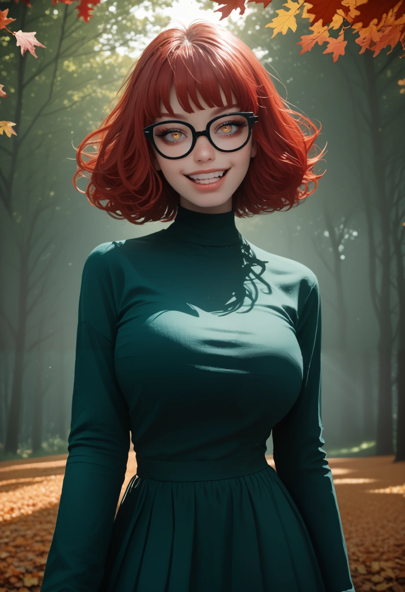 1 girl, nerdy elf woman, big teeth, glasses, (intemse eye contact:1.1), elaborate white elvish dress, (), (breasts silhouette), light beams, (tall torso), , , ((rivendell during autumn background)), extreme details, short red hair, (boyish face:1.1), , detailed autumn background , volumetric lighting, high definition, realistic anime , (long legs), (extremely detailed face:1.1), (huge and long breasts), g4n1m3