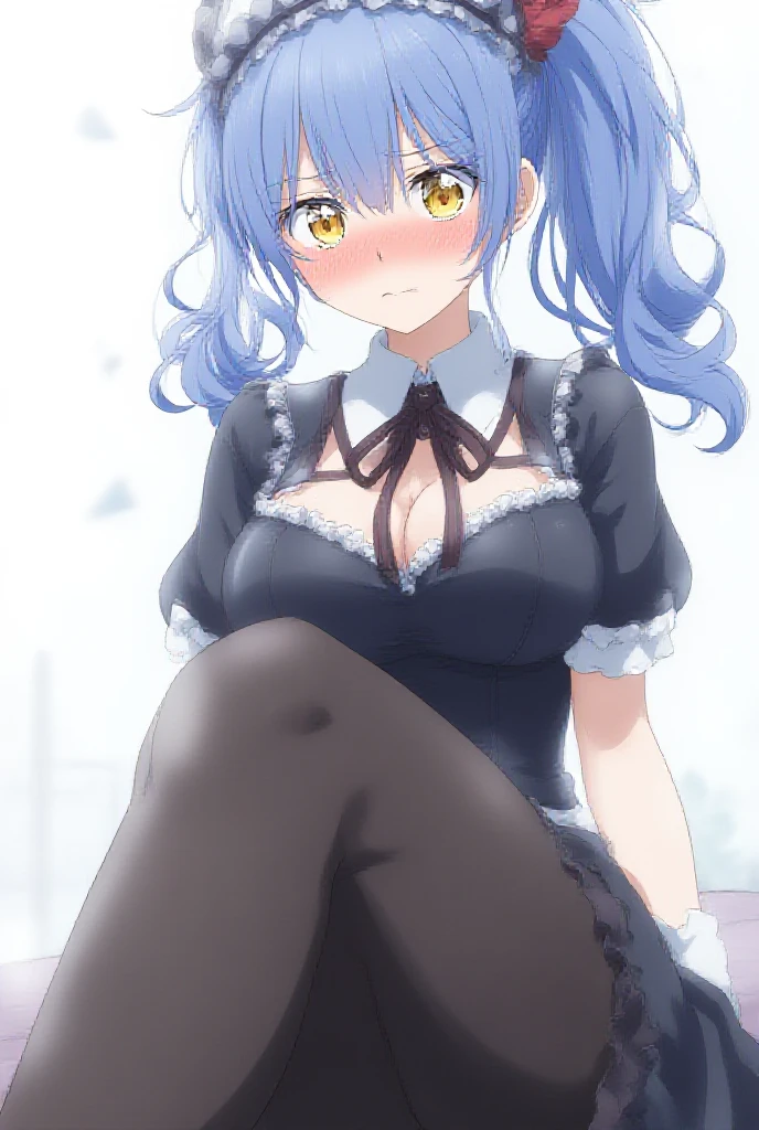 [artist: wlop], [[artist: sheya]], artist: hitenkei,good work, (best quality), illustration, depth of field, (color),masterpiece,best quality,1girl, bangs, black_dress, blue_hair, cropped_torso, dress, eyebrows_visible_through_hair, gloves, hair_between_eyes, lace, lace_trim, lolita_fashion, long_hair, looking_at_viewer, maid_headdress, nail_polish, ring, short_sleeves, side_ponytail, simple_background, solo, upper_body, wavy_hair, white_background, yellow_eyes