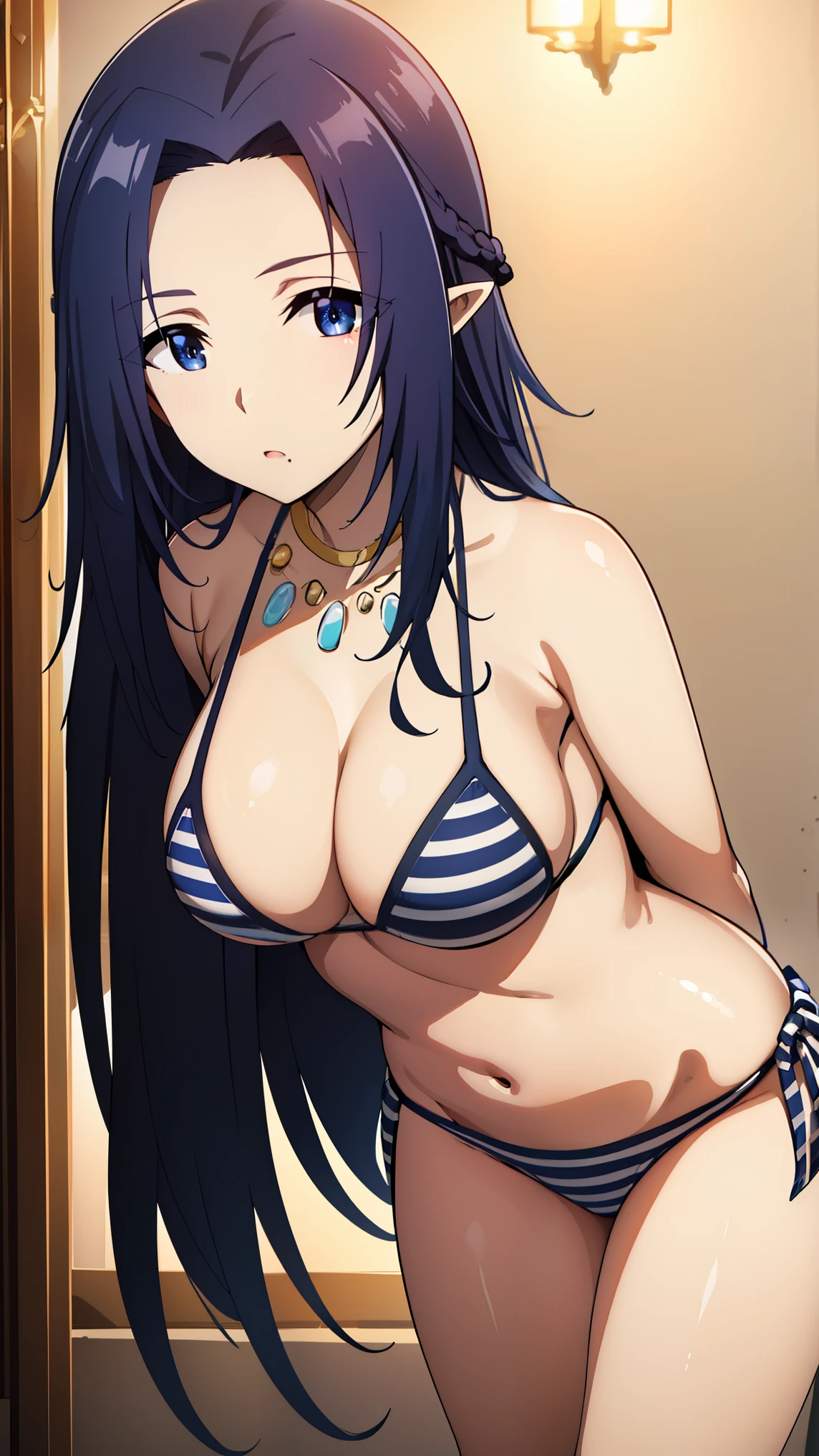 pointy ears,necklace,Gem,Dark Blue hair,Dark Blue Eyes, Bangs,
BREAK ((striped bikini:1.2)),
BREAK looking at viewer,standing, leaning forward, arms behind back,
BREAK (masterpiece:1.2), best quality, high resolution,NSFW ,unity 8k wallpaper, (illustration:0.8), (beautiful detailed eyes:1.6), extremely detailed face, perfect lighting, extremely detailed CG, (perfect hands, perfect anatomy),