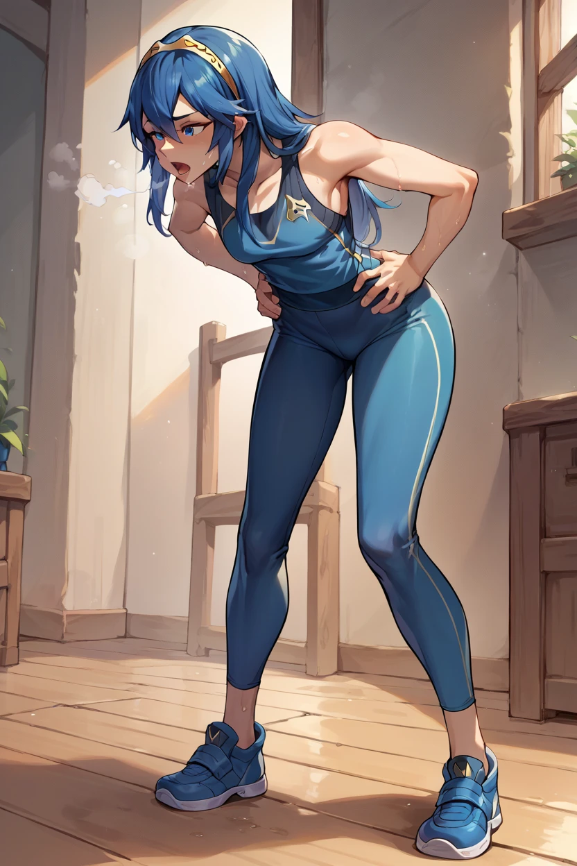 score_9, score_8_up, score_7_up, score_6_up, source_anime BREAK 1girl,  Lucina, dark blue tanktop, blue yoga pants, blue shoes, hands on hips, open mouth, out of breath, sweaty, sexy, exhuasted, steam coming out of her mouth, full body