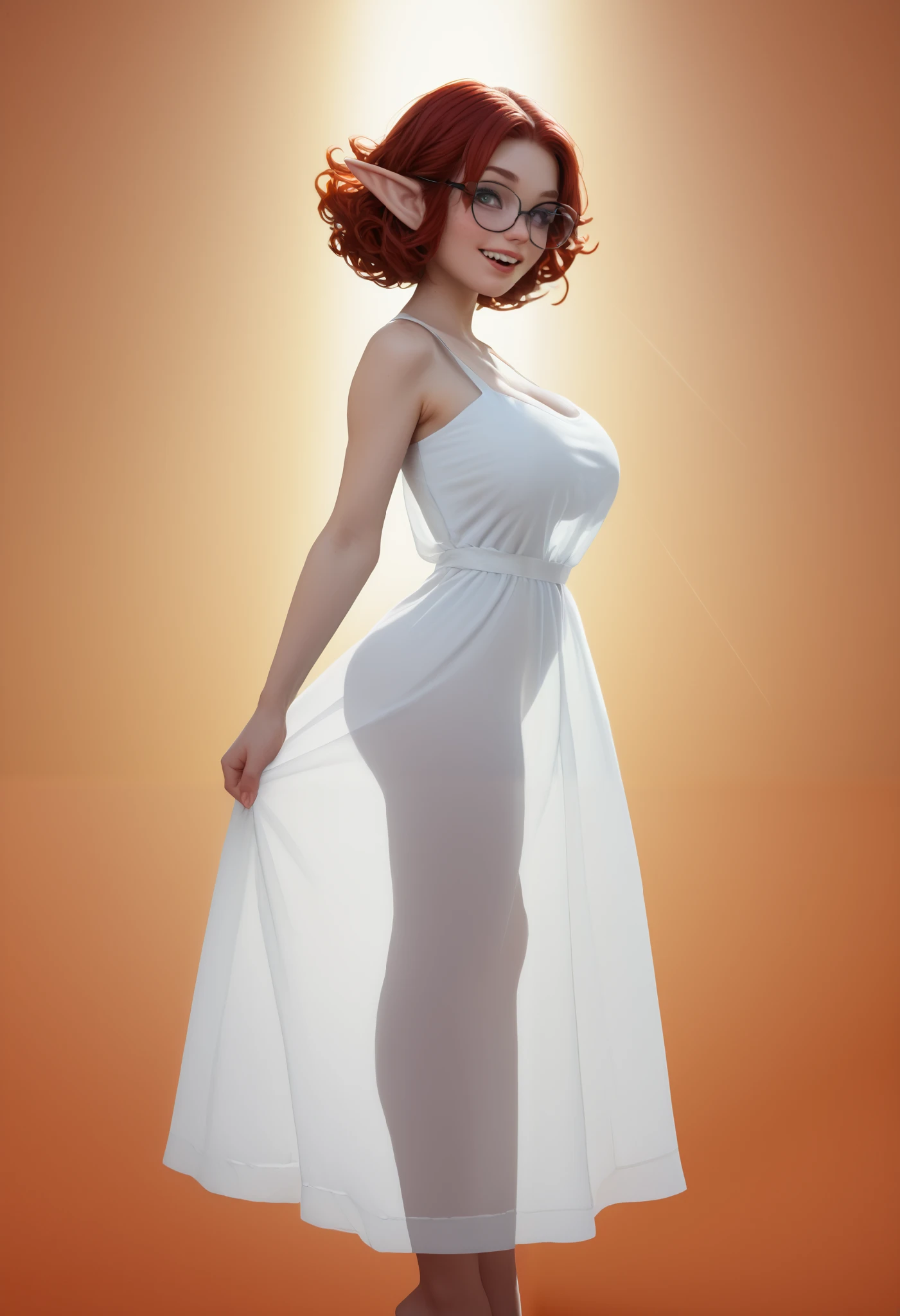 1 girl, nerdy elf woman, big teeth, glasses, (intemse eye contact:1.1), elaborate white elvish dress, (), (breasts silhouette), light beams, (tall torso), , , ((rivendell during autumn background)), extreme details, short red hair, (boyish face:1.1), , detailed autumn background , volumetric lighting, high definition, realistic anime , (long legs), (extremely detailed face:1.1), (huge and long breasts),  see-through silhouette, naked dress, white dress, from the side