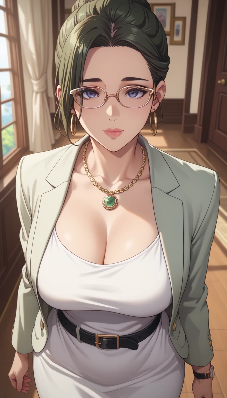 (masterpiece, best_quality:1.2), 1girl, solo, mature female, dark-green hair, hair bun, (glasses, wrist watch, hoop earrings, pendant necklace, white dress, sheath derss, light green blazer, black belt, black tights), beautiful eyes, female focus, looking at viewer, large breast, cleavage, wide hips, ((above view)) ((close up shot)) ((solo)) detailed, very high resolution, no blurry image, standing, beautiful, elegant, serene expression, intricate details, detailed background, indoors:1.3