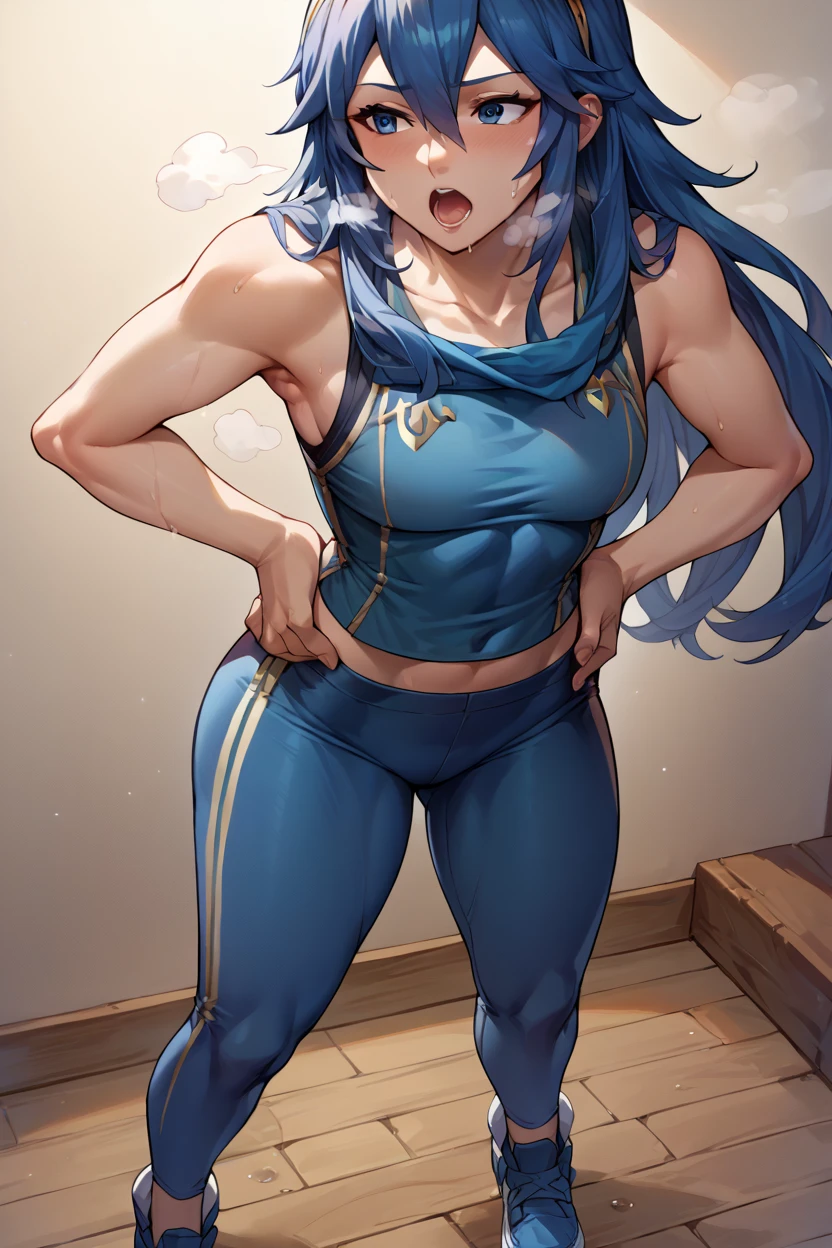 score_9, score_8_up, score_7_up, score_6_up, source_anime BREAK 1girl,  Lucina, dark blue tanktop, blue yoga pants, blue shoes, hands on hips, open mouth, out of breath, sweaty, sexy, exhuasted, steam coming out of her mouth, full body