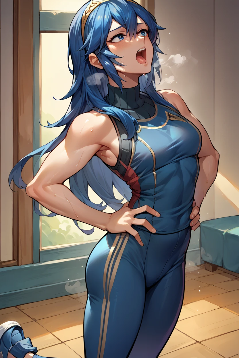 score_9, score_8_up, score_7_up, score_6_up, source_anime BREAK 1girl,  Lucina, dark blue tanktop, blue yoga pants, blue shoes, hands on hips, open mouth, out of breath, sweaty, sexy, exhuasted, steam coming out of her mouth, full body