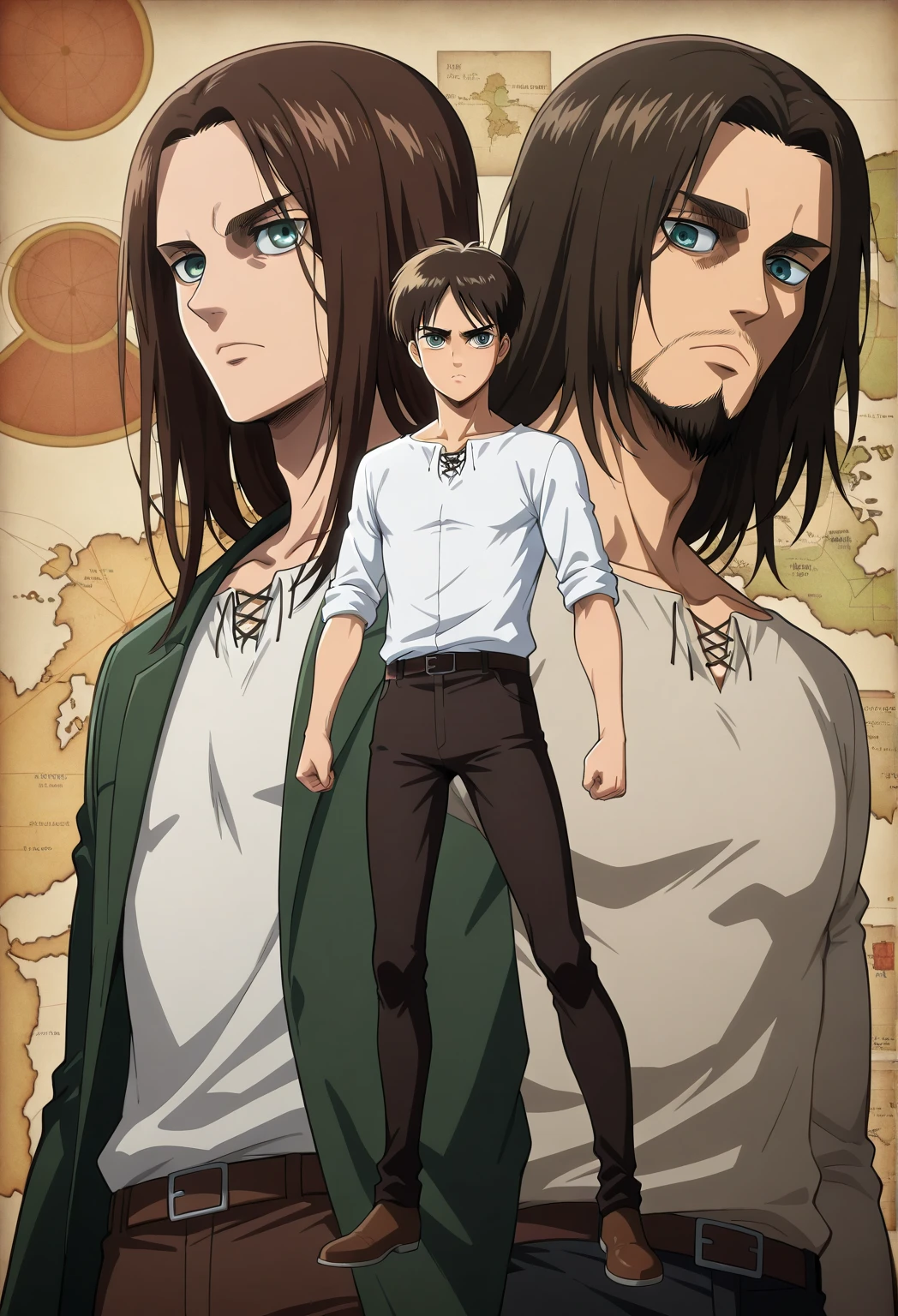 eren yeager s4, pretty facial , beard, beard medio, On a thin beak, His eyes are grey, serious look,  dark brown hair ,  medium long hair ,  white shirt rolled up ,  black pants , mesomorphic body,  anime style  , attack on titan, type of animation map.  full body, a single character,  anatomy
