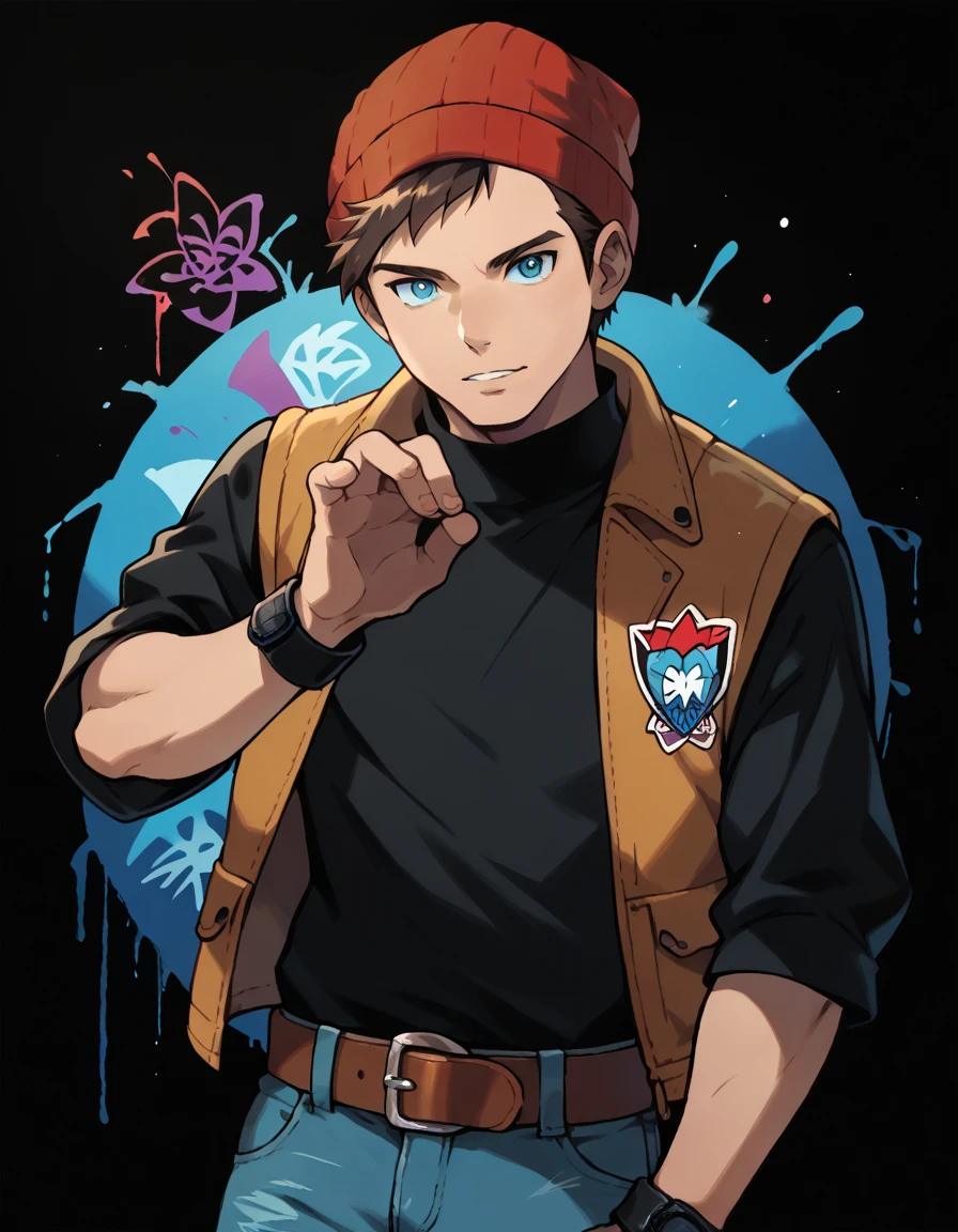 Solo ,human Male 20 Years ,Adolescent   , Brown Hair , wearing red  beanie ,(( wearing dark blue denim vest  )),blue pupils ,Simple background, Black shirt ,Blacklight Graffiti Style,cool pose ,anime Style  ,Belt ,