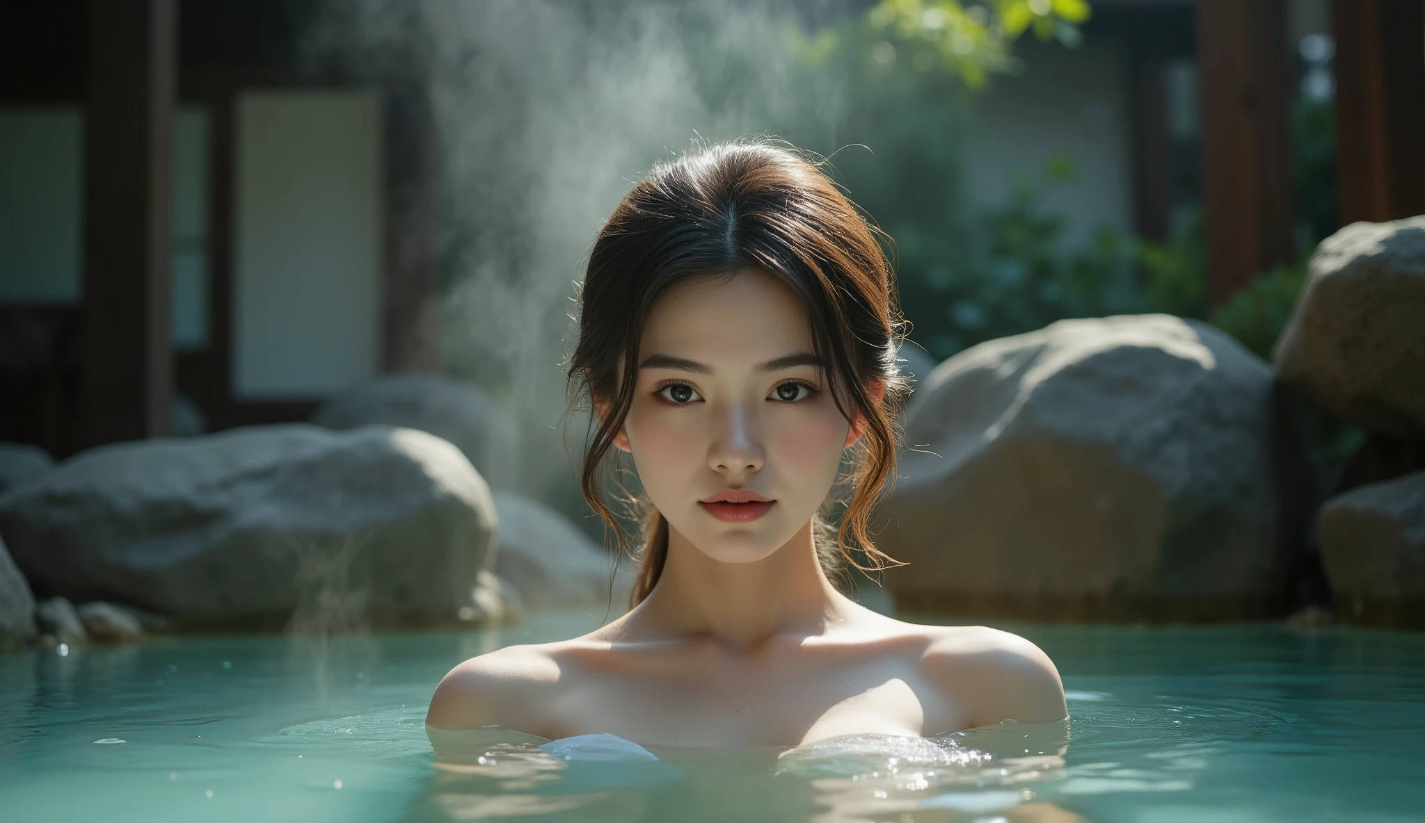 (night:1.7), oriental architecture, 1 woman, ((hot spring, onsen:1.4)), moist skin, ((fog:1.8)), (steam rising:1.6), glowing skin, glossy skin, ((partially submerged in hot spring:1.4)),a small white towel loosely covering the body. , perfect eyes,perfect face,looking at viewer,（smile：0.3），official artwork，Very detailed CG Unity 8k wallpaper、bright_front_face_lighting，（tmasterpiece:1.0），(best_quality :1.0),ultra high resolution,4k,detailed detail,high resolution of,8k,nffsw,high resolution,absurderes:1.2,kodak portra 400,film grain,lens flare glow,（beautiful_face:1.5），8k,raw footage,(outdoor bath drawn wider:1.4) ,(wet hair:1.3),((beautifully depicts depth and width:1.3)),((The outdoor bath is surrounded by a Japanese garden and large rocks, with only two small lights.:1.3)), ((smooth white skin: 1.3)), (((full body ))