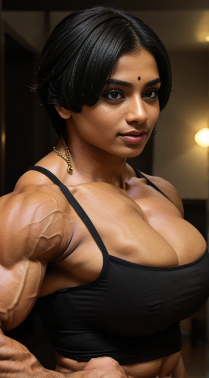 Malayalam beautiful woman body builder housemaid show her more shredded muscular biceps cleaning floor in night dress