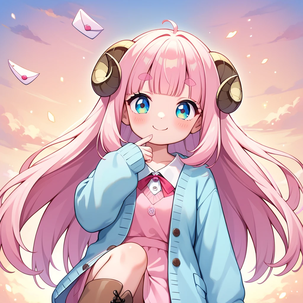 score_9, score_8_up, score_7_up, source_anime, (masterpiece:1.3, best quality:1.3, 8k,  highres icon:1.3, good anatomy), 1girl, I have a white mustache :1.3,  letter:1.3,  pink fluffy long hair \ Fluffy Long Hair, Sheep&#39;s round horns, Thick eyebrows, smile,  Pink Dress ,  sky blue cardigan ,  brown boots ,  cute BREAK Alphonse Mucha background:1.5