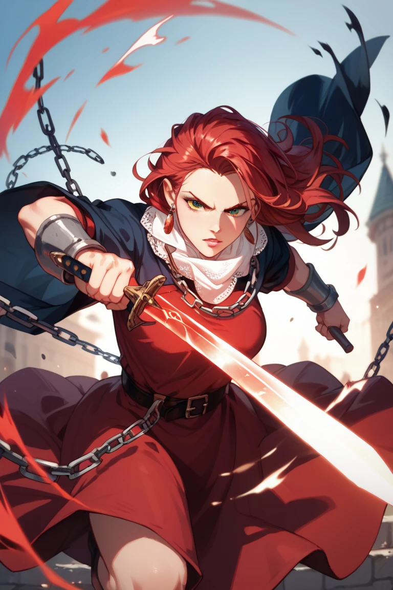 woman long rich red hair, tunic, chain mail. glowing swords extending from both hands, fighting stance, locket around neck