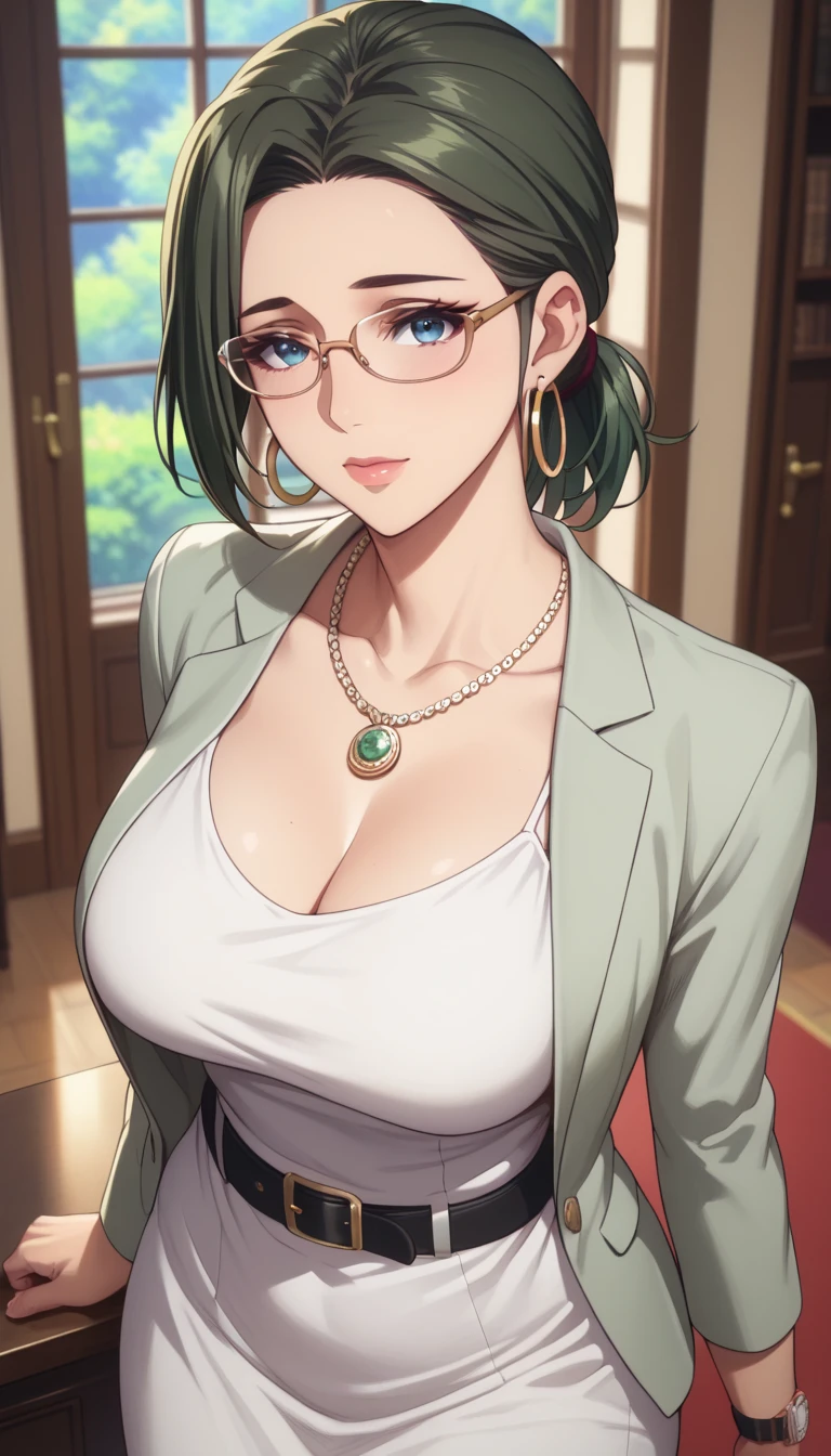 (masterpiece, best_quality:1.2), 1girl, solo, mature female, dark-green hair, short ponytail, (glasses, wrist watch, hoop earrings, pendant necklace, white dress, sheath derss, light green blazer, black belt, black tights), beautiful eyes, female focus, looking at viewer, large breast, cleavage, wide hips, ((above view)) ((close up shot)) ((solo)) detailed, very high resolution, no blurry image, standing, beautiful, elegant, serene expression, intricate details, detailed background, indoors:1.3