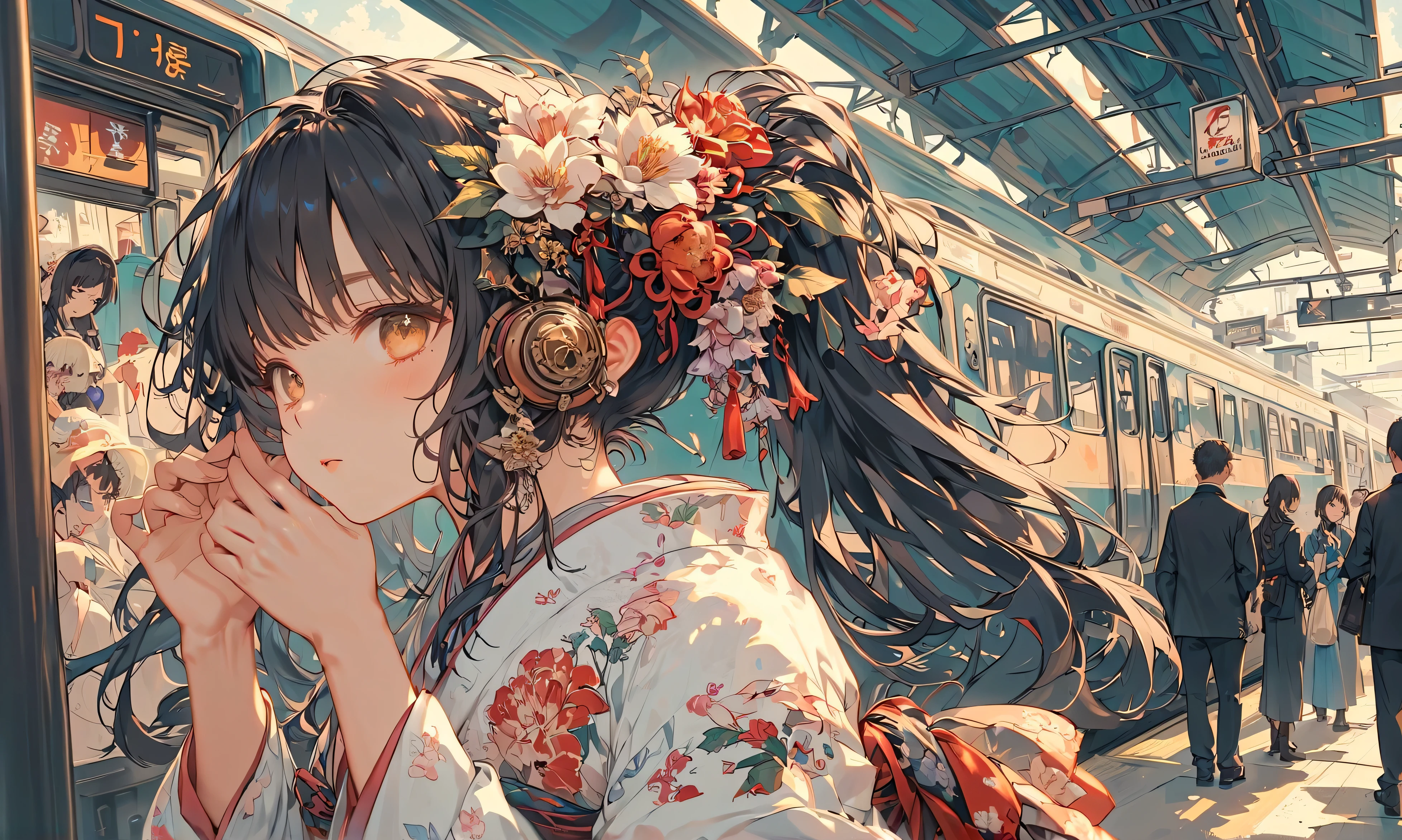 Anime girl with flowered hair standing in front of a train - SeaArt AI