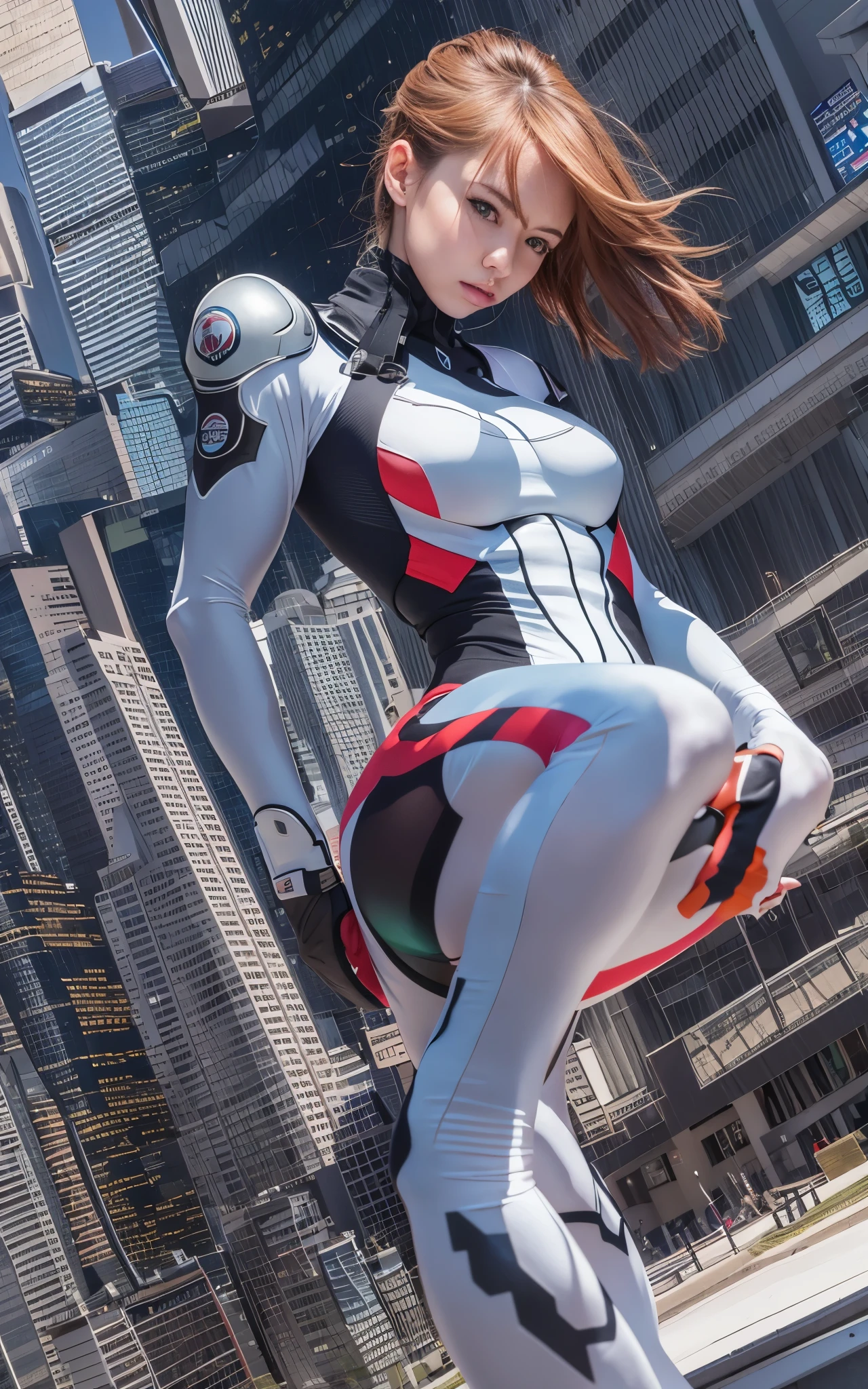 ((Best Quality)), ((masutepiece)), (Detailed: 1.4), (Absurd), Caucasian female fighter pilot ready for war, front walking, muscular sculptural body defined, Closed mouth, muscular body covered by technological clothing, Neon Genesis Evangelion Suit, Cyberpunk, ((perfect large breasts)), (blue eyes without pupils), long manga-style eyelashes, close to real, Crazy face, Sexy Pose, Centered, scale to fit the dimensions, (High dynamic range), Ray tracing, Hyper-Resolution, Subsurface Dispersion, PBR Texture, Post-processing, Anisotropy Filtering, depth of fields, Maximum clarity and sharpness, Multilayer textures, Surface Shading, accurate simulation of light and material interactions, Perfect proportions, thirds rule, top-quality, ultra-detailliert, Being on the roof of a skyscraper, Smooth bodysuit, spiffy white zero suit