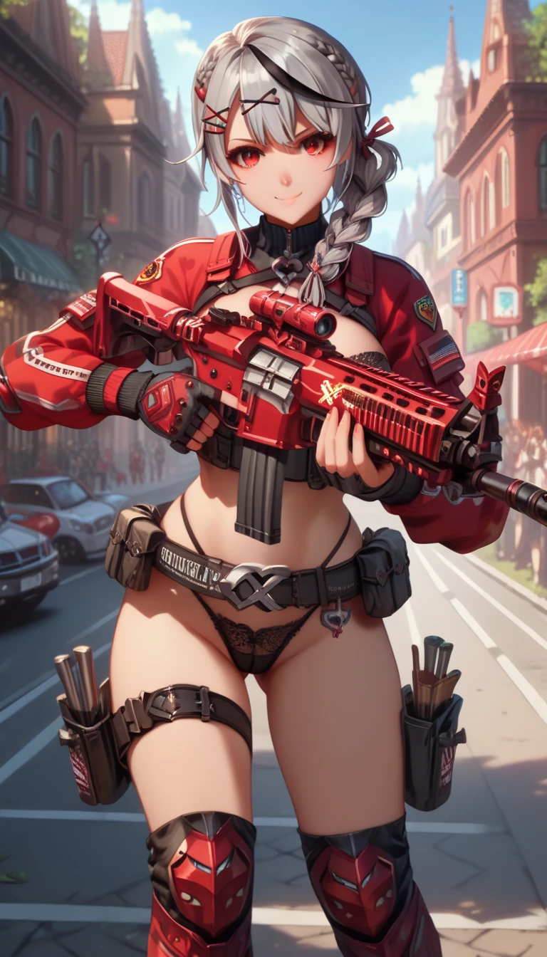 ultra-detailed, 1girl, solo, sakamata chloe, chloeA, (masterpiece)), (best quality), (highres), 16K, long hair, streaked hair, grey hair, single braid, hairclip, x hair ornament, red eyes, tactical clothes, tactical belt, black thong, knee pads, busty body, large breasts and a beautiful ass, showcasing cleavage, legs, hips, (holding assault rifle), looking at viewer, detailed face, smile, detailed hair, detailed whole body, street background