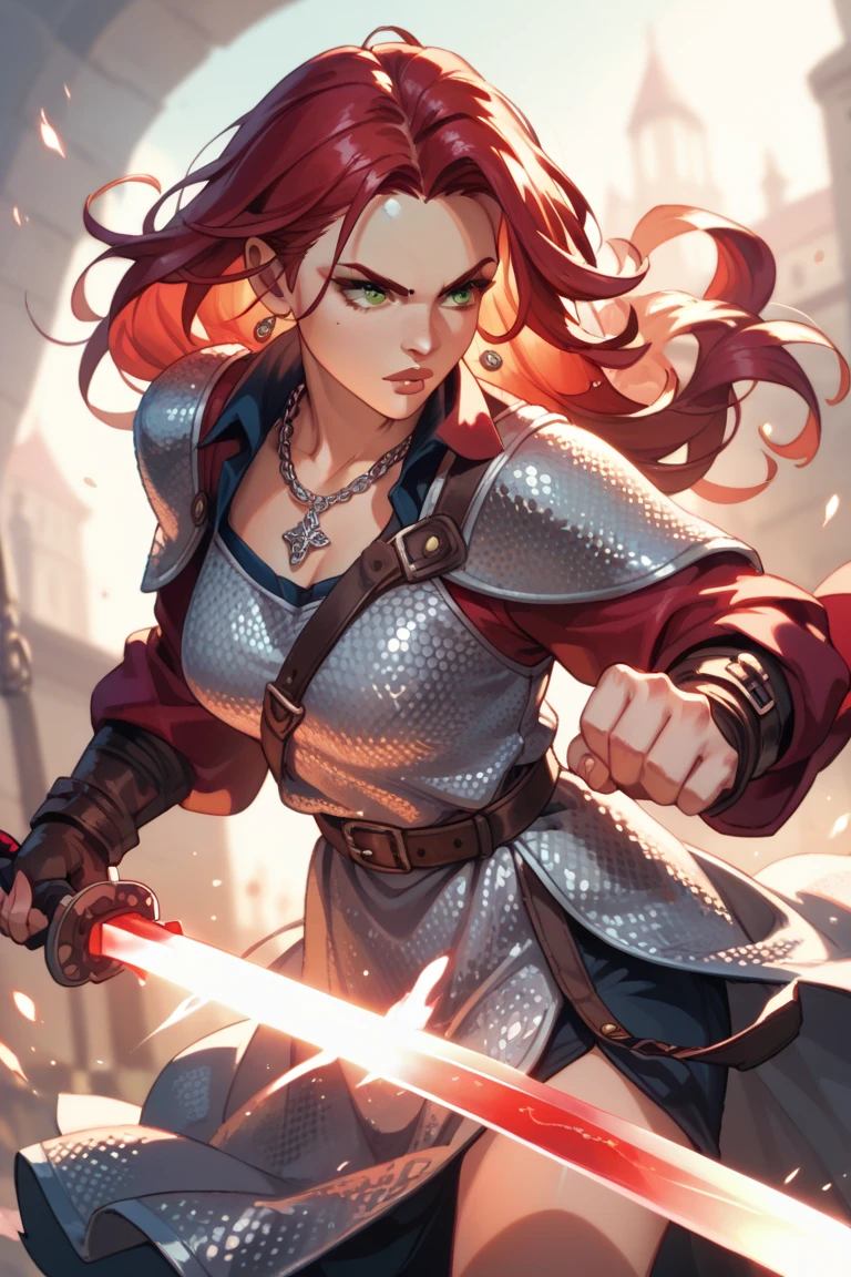 woman long rich red hair, tunic, chainmail. glowing swords extending from both hands, fighting stance, locket around neck