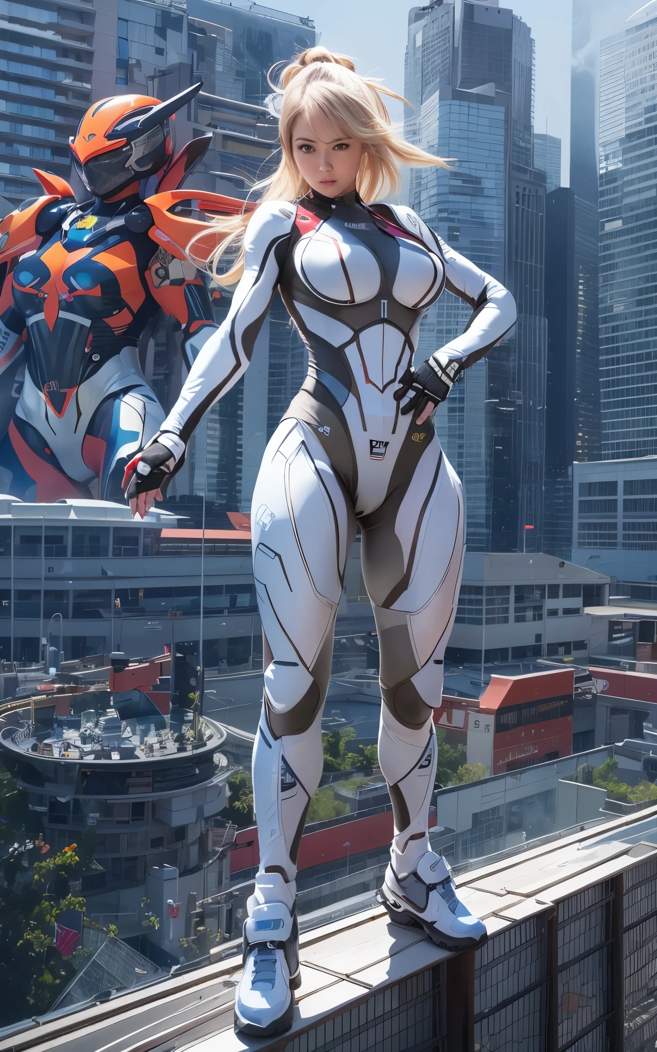 ((Best Quality)), ((masutepiece)), (Detailed: 1.4), (Absurd), Caucasian female fighter pilot ready for war, front walking, muscular sculptural body defined, Closed mouth, muscular body covered by technological clothing, Neon Genesis Evangelion Suit, Cyberpunk, ((perfect large breasts)), (blue eyes without pupils), long manga-style eyelashes, close to real, Crazy face, Sexy Pose, Centered, scale to fit the dimensions, (High dynamic range), Ray tracing, Hyper-Resolution, Subsurface Dispersion, PBR Texture, Post-processing, Anisotropy Filtering, depth of fields, Maximum clarity and sharpness, Multilayer textures, Surface Shading, accurate simulation of light and material interactions, Perfect proportions, thirds rule, top-quality, ultra-detailliert, Being on the roof of a skyscraper, Smooth bodysuit, spiffy white zero suit