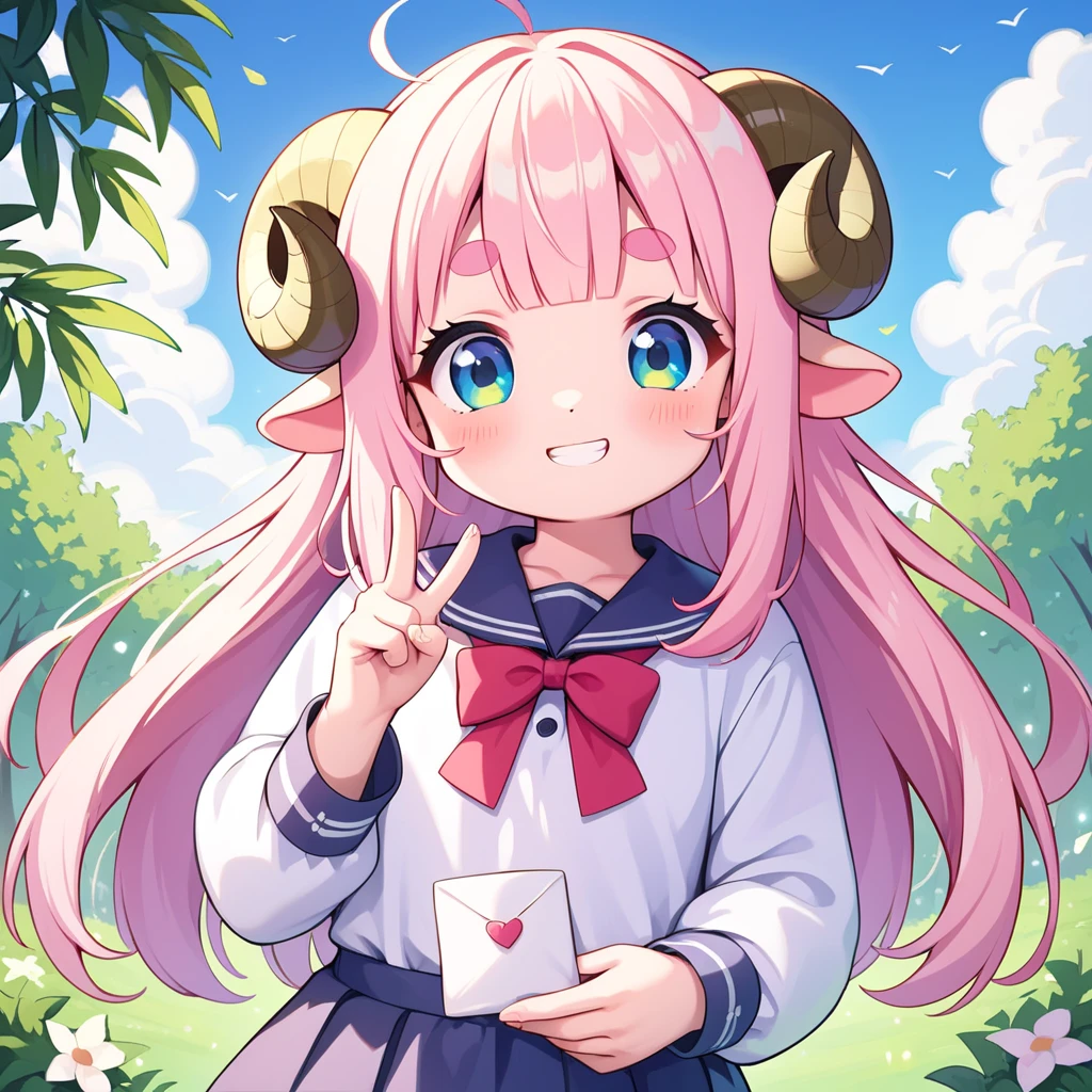 score_9, score_8_up, score_7_up, source_anime, (masterpiece:1.3, best quality:1.3, 8k,  highres icon:1.3, good anatomy), 1girl, White Beard:1.3,  Toy Whiskers:1.3,  letter:1.3,  pink fluffy long hair \ Fluffy Long Hair, Sheep&#39;s round horns, Thick eyebrows, smile, Cow Kigurumi ,  cute BREAK Alphonse Mucha background:1.5