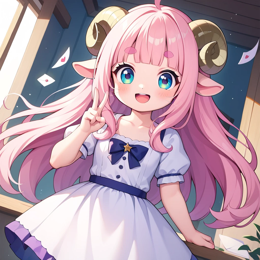 score_9, score_8_up, score_7_up, source_anime, (masterpiece:1.3, best quality:1.3, 8k,  highres icon:1.3, good anatomy), 1girl, White Beard:1.3,  Toy Whiskers:1.3,  letter:1.3,  pink fluffy long hair \ Fluffy Long Hair, Sheep&#39;s round horns, Thick eyebrows, smile, Cow Kigurumi ,  cute BREAK Alphonse Mucha background:1.5