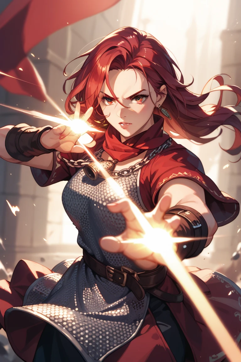 woman long rich red hair, tunic, chainmail. glowing light beams in both hands, fighting stance, locket around neck