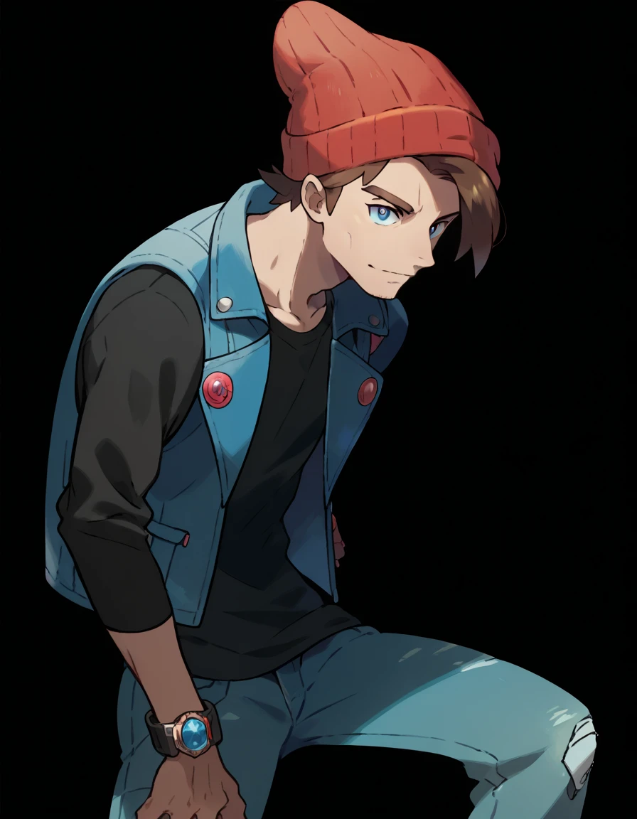 Pokemon Official Arts Style ,Solo ,human Male 20 Years ,Adolescent   , Brown Hair , wearing red  beanie ,(( wearing dark blue denim vest  )),blue pupils ,Simple background, Black shirt ,Full body 