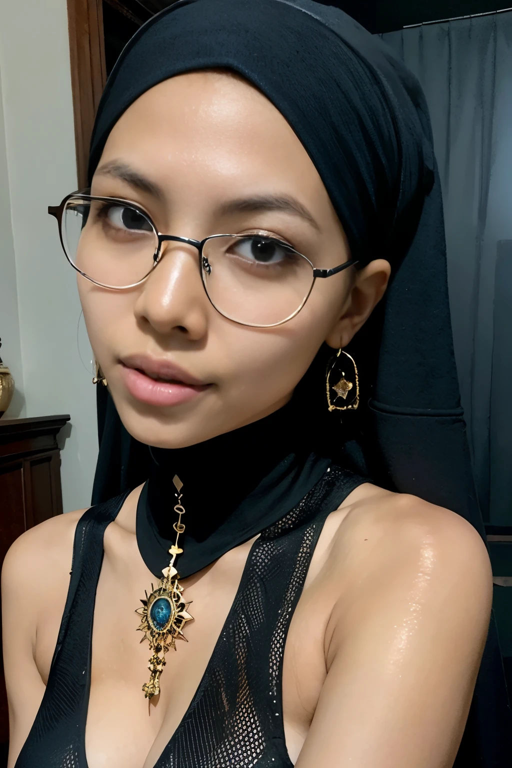 Space, futuristic, denise, Dark skin, Slave, thigh, glasses, (bali),RAW, Best quality, high resolution, masterpiece: 1.3), beautiful javanese women in hijab,Masterpiece, beautiful design, hijab, rustic, very beautiful enga style, beautiful masterpiece, fine details, wearing gorgeous clothing, choker , necklace, hairband, afternoon walk, City garden, Excellent lighting, Bright colors, Clean lines