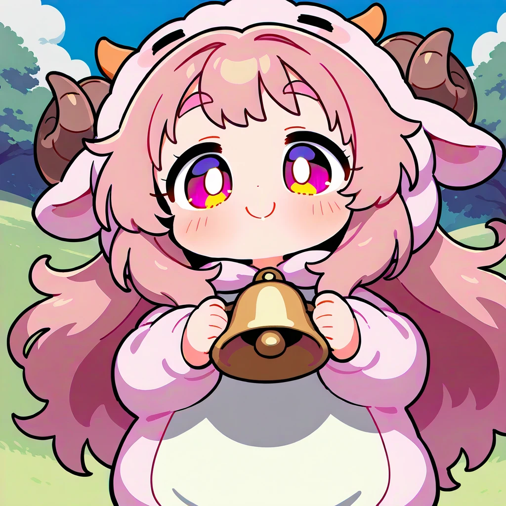 score_9, score_8_up, score_7_up, source_anime, (masterpiece:1.3, best quality:1.3, 8k,  highres icon:1.3, good anatomy), 1girl,  pink fluffy long hair \ Fluffy Long Hair, Sheep&#39;s round horns, Thick eyebrows, smile, Cow Kigurumi ,  cute BREAK Alphonse Mucha background:1.5