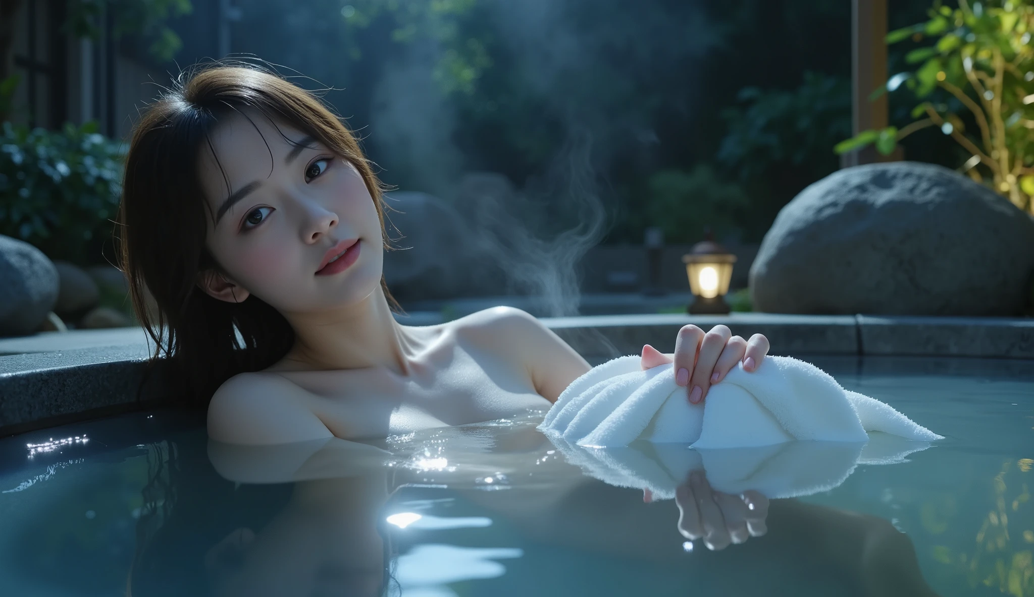 (night:1.7), oriental architecture, 1 woman, ((hot spring, onsen:1.4)), moist skin, ((fog:2.1)), (steam rising:1.8), glowing skin, glossy skin, ((partially submerged in hot spring:1.4)), Holding a wet white towel close to the body, but some cleavage is visible. (towel:1.2) , perfect eyes,perfect face,（smile：0.7），official artwork，Very detailed CG Unity 8k wallpaper、bright_front_face_lighting，（tmasterpiece:1.0），(best_quality :1.0),ultra high resolution,4k,detailed detail,high resolution of,8k,nffsw,high resolution,absurderes:1.2,kodak portra 400,film grain,lens flare glow,（beautiful_face:1.4），8k,raw footage,(outdoor bath drawn wider:1.4) ,(wet hair:1.3),((beautifully depicts depth and width:1.3)),((The outdoor bath is surrounded by a Japanese garden and large rocks, with only two small lights.:1.3)), ((smooth white skin: 1.3)),