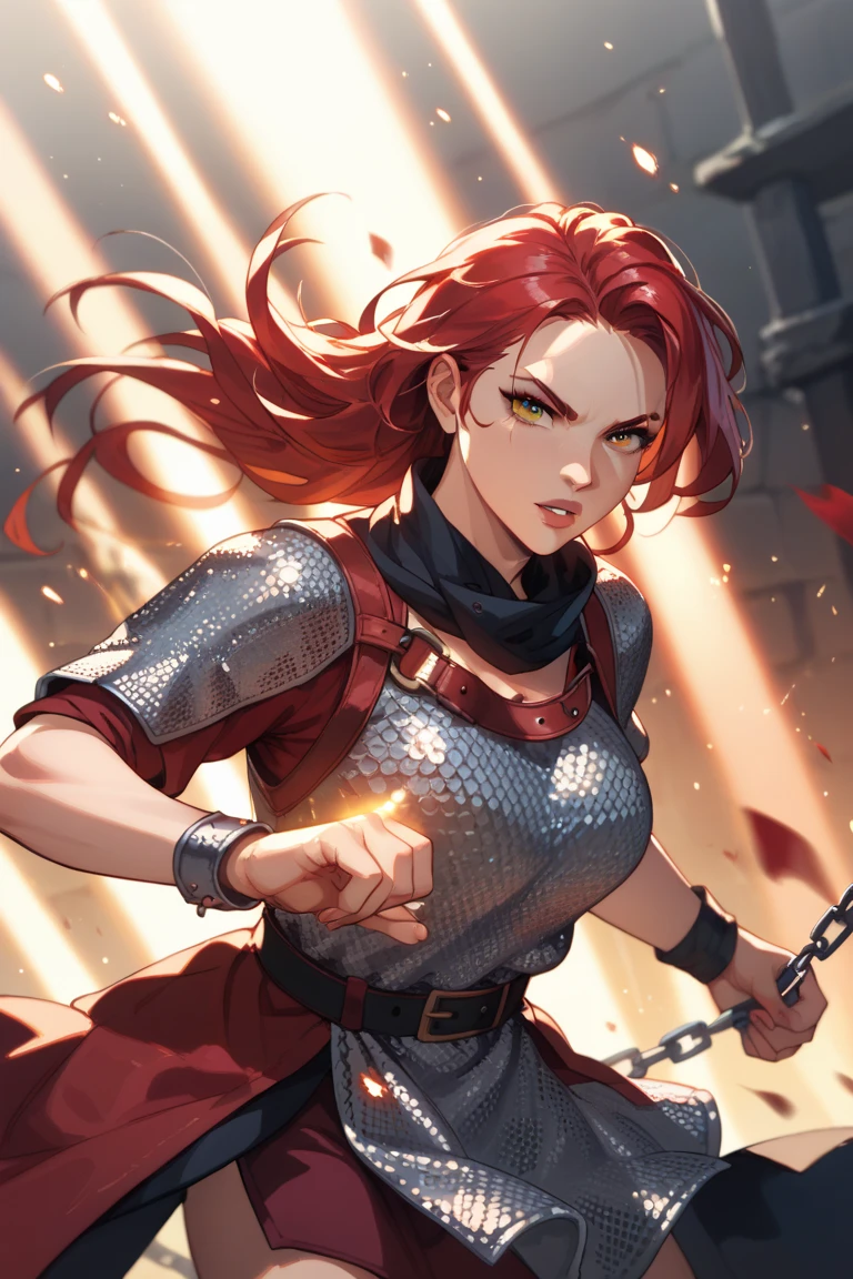 woman long rich red hair, tunic, chainmail. glowing light beams in both hands, fighting stance, locket around neck