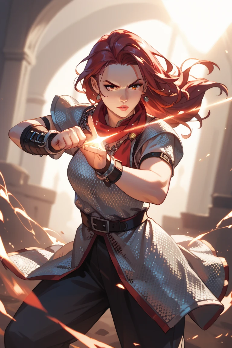 woman long rich red hair, tunic, chainmail. glowing light beams in both hands, fighting stance, locket around neck