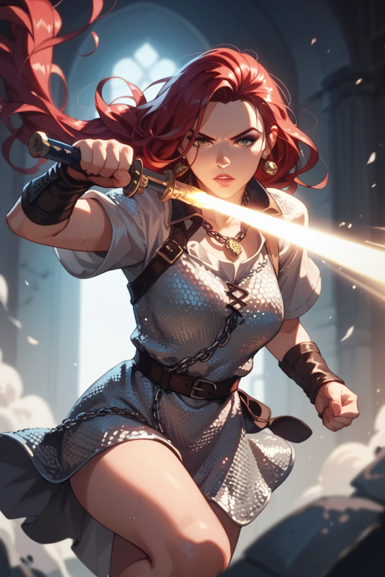 woman long rich red hair, tunic, chainmail. glowing light beams in both hands, fighting stance, locket around neck