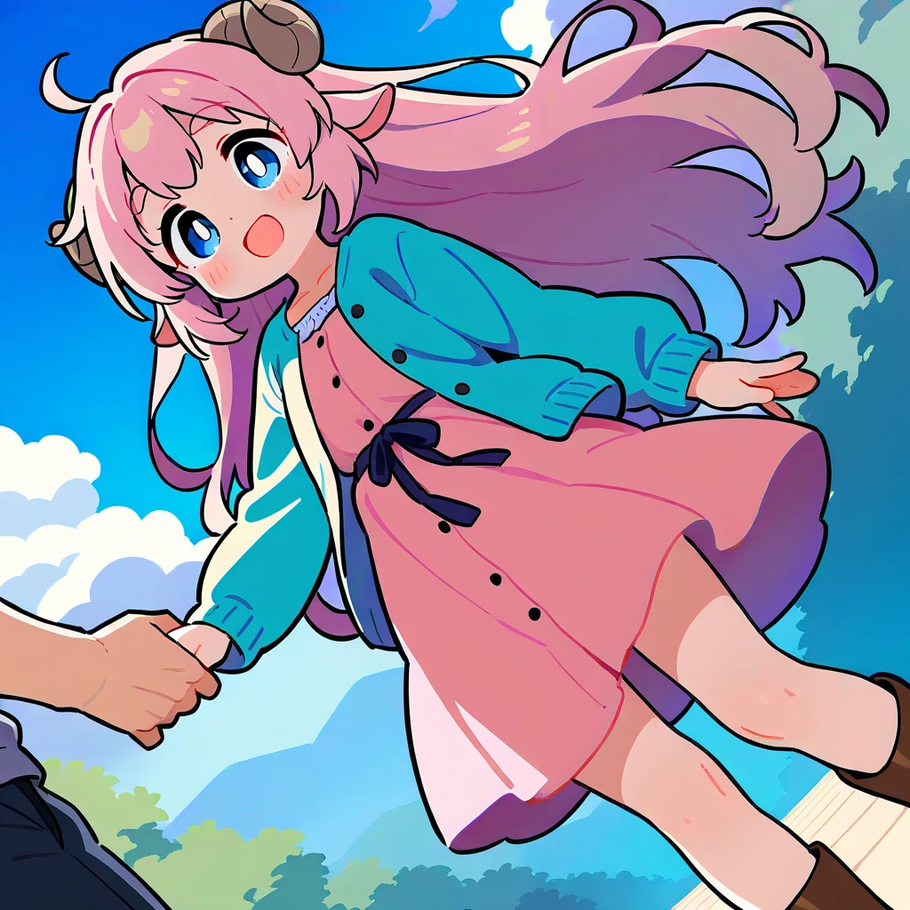 score_9, score_8_up, score_7_up, source_anime, (masterpiece:1.3, best quality:1.3, 8k,  highres icon:1.3, good anatomy), 2girl,  pink fluffy long hair\ Fluffy Long Hair, Sheep&#39;s round horns, Thick eyebrows, smile,  Pink Dress ,  sky blue cardigan ,  brown boots ,  holding hands:1.5,  cute BREAK Alphonse Mucha background:1.5