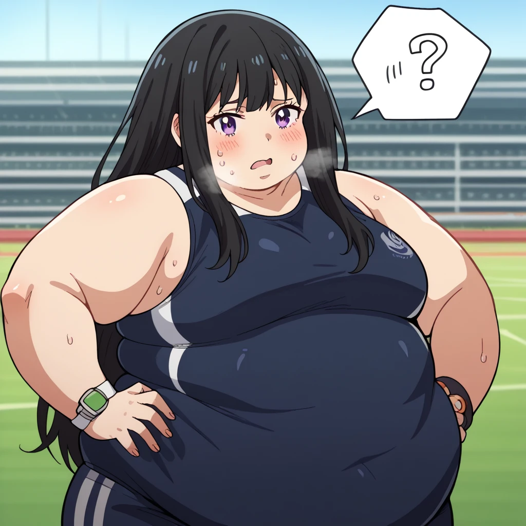 score_9, score_8_up, score_7_up, source_anime,
takinainoue, inoue takina, long hair, bangs, black hair, purple eyes,
crop top, white socks, buruma, sports bra, sportswear, wristwatch, sports bikini,
outdoors, track and field, stadium,
looking at viewer, cowboy shot, solo, swollen face, fat, chubby, obese, open mouth, out of breath, absurdres, highres icon, rating:General, confused, blush, spoken question mark, {flustered}, nervous sweating, portrait, , averting eyes, [looking away], straight-on,  upper body, masterpiece, best quality, ultra-detailed, high resolution, 8K, absurdres, highres icon, sweaty, wet with sweat, exhuasted, hands on hips, heavy breathing, half body