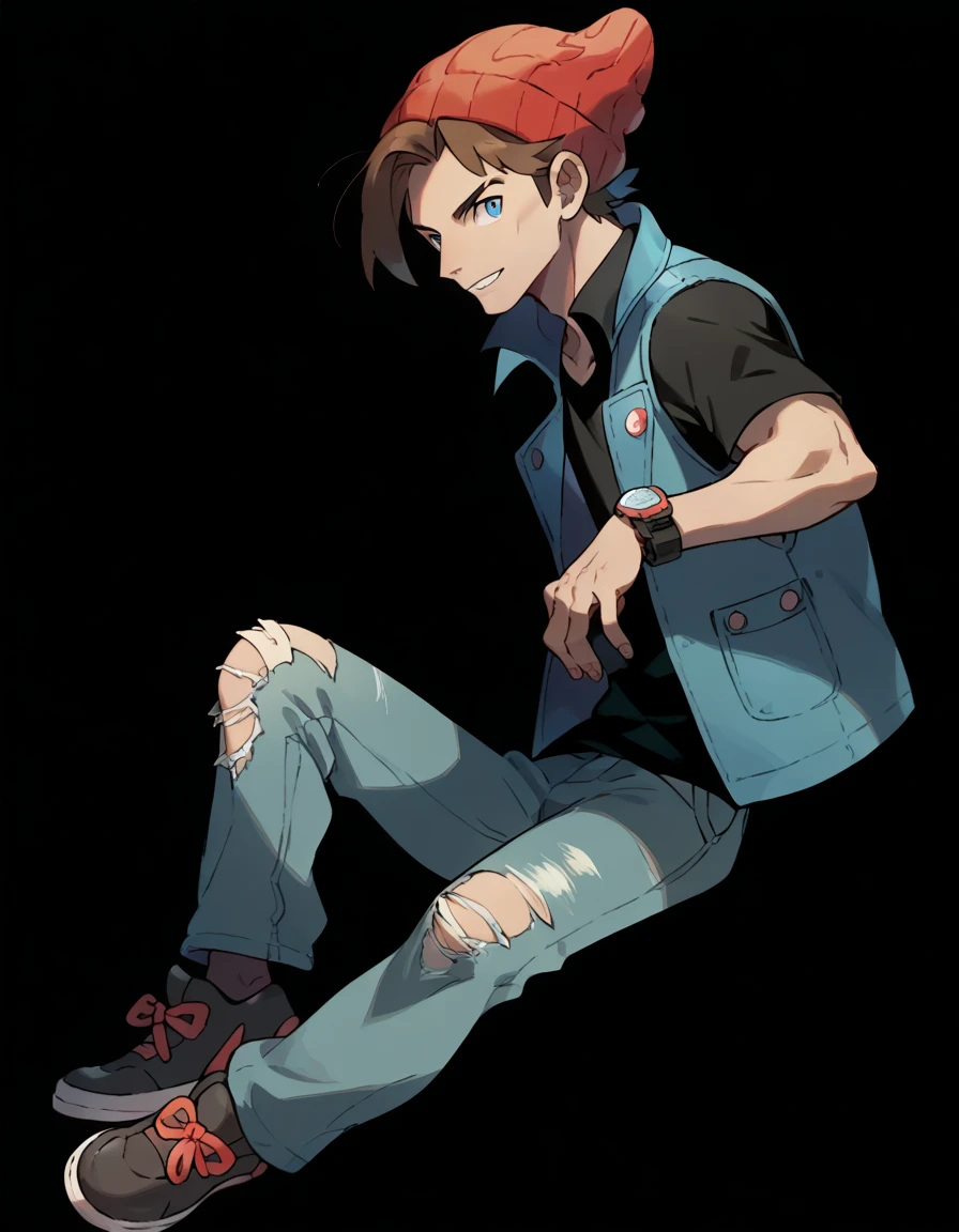 Pokemon Official Arts Style ,Solo ,human Male 20 Years ,Adolescent   , Brown Hair , wearing red  beanie ,(( wearing dark blue denim vest  )),blue pupils ,Simple background, Black shirt ,Full body ,ripped pants 