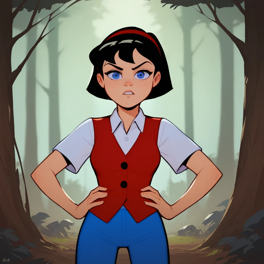 score_9_up, score_8_up, BREAK, Bea, 1girl, solo, black hair, short hair, blue eyes, red headband, shirt, vest, blue pants, cowboy shot,  forest, hands on hips, looking at viewer