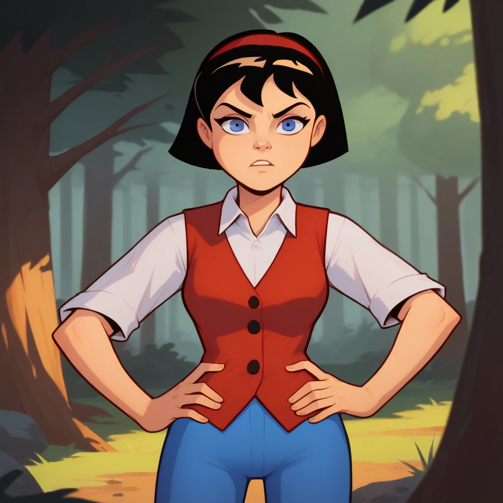 score_9_up, score_8_up, BREAK, Bea, 1girl, solo, black hair, short hair, blue eyes, red headband, shirt, vest, blue pants, cowboy shot,  forest, hands on hips, looking at viewer