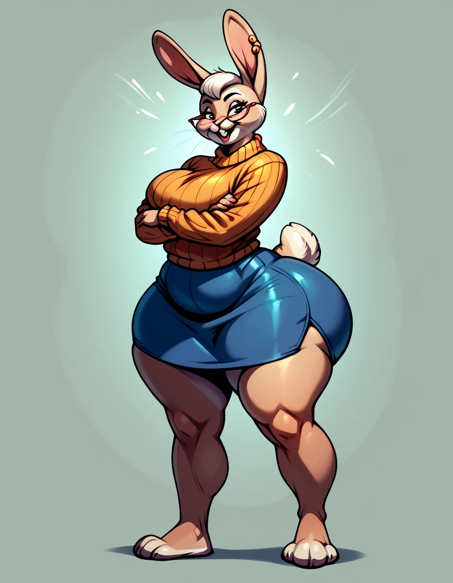 Furry Rabbit female , elderly female ,wearing skirt  ,Sweater,huge wide hips , thick thighs ,Full body ,pose,big butt , 