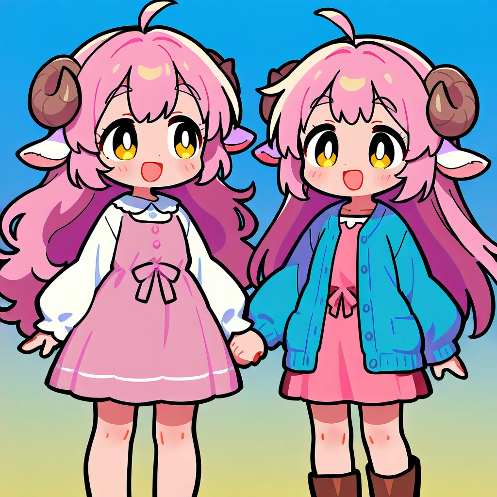 score_9, score_8_up, score_7_up, source_anime, (masterpiece:1.3, best quality:1.3, 8k,  highres icon:1.3, good anatomy), 2girl, Stand side by side, front,  pink fluffy long hair \ Fluffy Long Hair, Sheep&#39;s round horns, Thick eyebrows, smile,  Pink Dress ,  sky blue cardigan ,  brown boots ,  holding hands:1.5,  cute BREAK Alphonse Mucha background:1.5