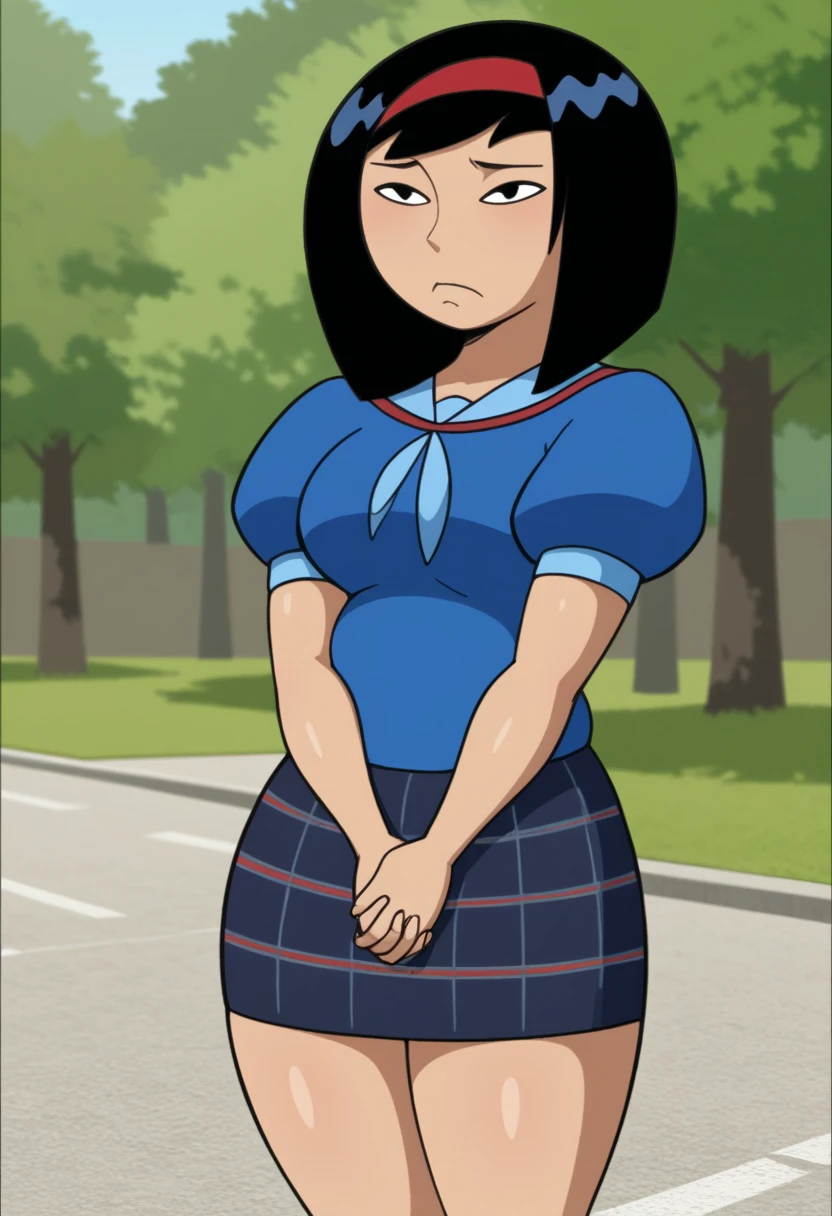 KPYoriGirl, score_9, 1girl, solo, blue shirt, skirt, outdoors, in school, embaressed, holding hands together, frown, chubby, big arms, thicc thighs,