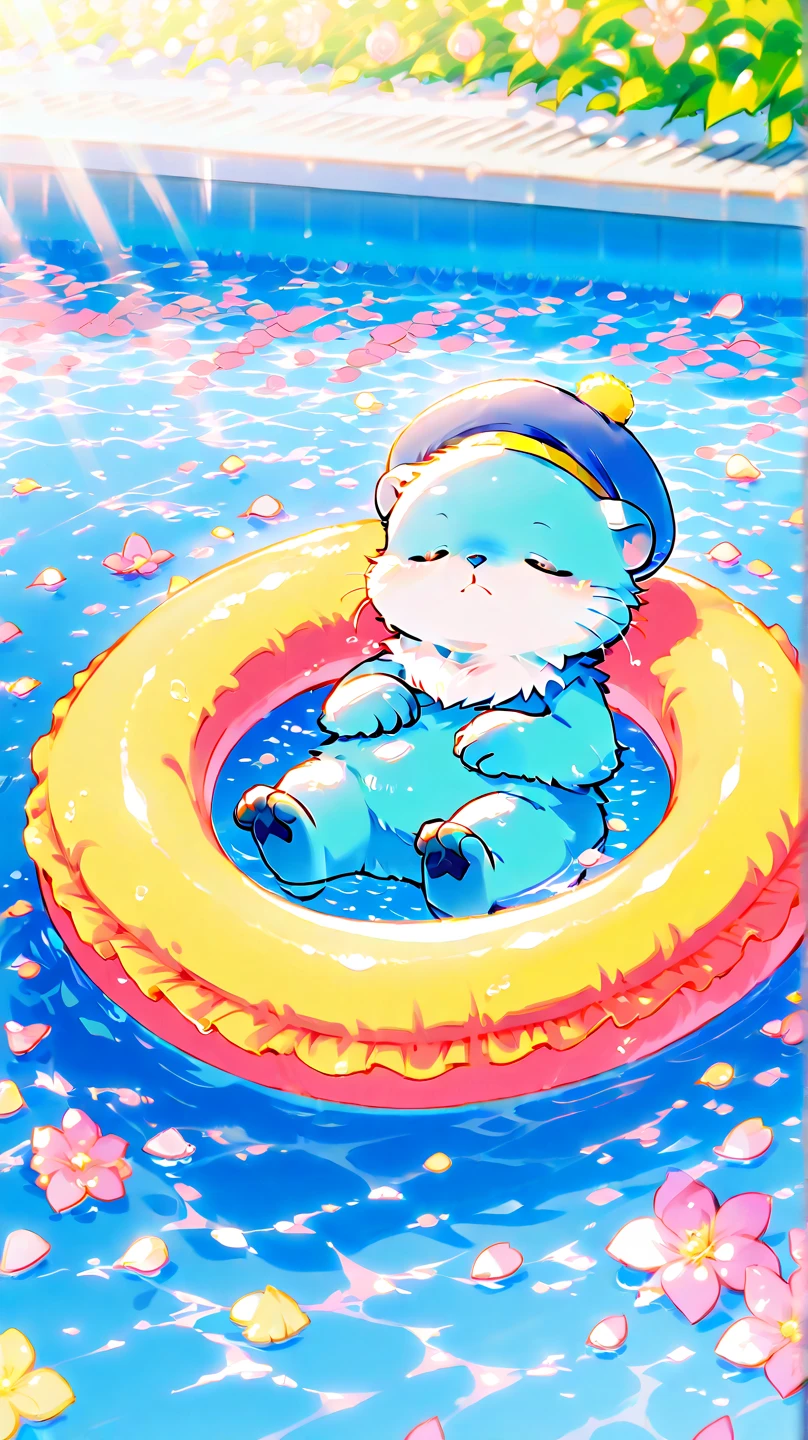 Score_9, Score_8_up, Score_7_up, Score_6_up, Score_5_up, Score_4_up, no human, solo, sea otter \(blue fur, adorable, sleeping on swimming ring, blue beret hat, swimming ring\), pool, flower petals, sunlight, vivid, colorful, warm,