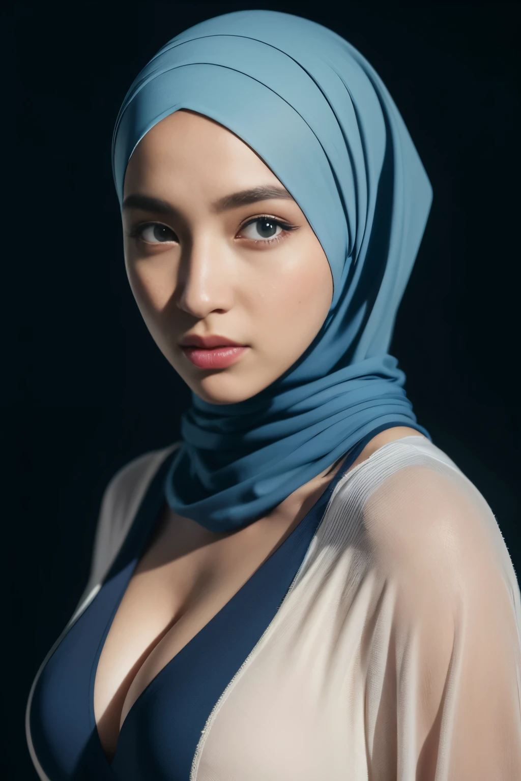 masterpiece, top-quality, 8K, absurderes, a beauty girl, kawaii, outdoor,half body, (fullnude:1.5), wearing blue pasmina hijab, hijab, accessories,nice body, No makeup, bukkake, Near and far law, depth of fields, A hyper-realistic, hight resolution, a picture, foco nítido, nffsw, face lights, 动态照明, Highest detail, Extreme details、ultra-detailliert、detaile、authentic skin、delicated facial features、Easy Negative