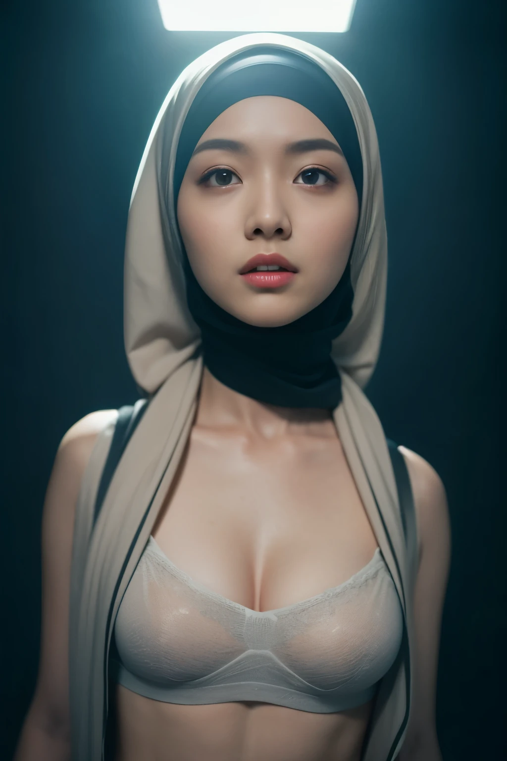 (front focus),(in the dark:1.6),(masterpiece, top quality, best quality, official art, beautiful and aesthetic:1.2), 1 malay girl wearing hijab, puffed breasts, ample cleavage, Harden nipples, bright skin, glitch art, (digital distortion), pixelated fragments, data corruption,colorful noise, visual chaos,contemporary aesthetics, nsfw