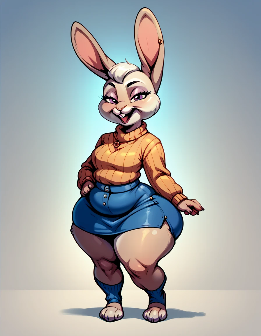 Furry Rabbit female , elderly female ,wearing skirt  ,Sweater,huge wide hips , thick thighs ,Full body ,pose,big butt , shortstack 